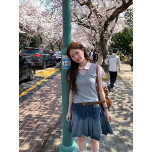 Korean Style Miu Series V-Neck Pinafore Patchwork Straight Shoulder Waist-Cinched Short Sleeve Shirt