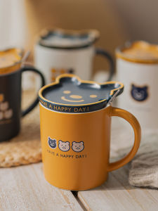 Cốc Cà Phê Gốm Sứ Dễ Thương Cốc Nước Sáng Tạo Có Nắp Và Thìa Cho Cặp Đôi Nam Nữ Cốc Đựng Porridge Sáng Cho Con Bú