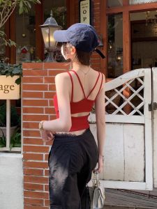 Ankela Red Backless Strap Vest Women Summer Outdoor Wear Beautiful with Chest Pad Slim Short Style Beautiful Back Shirt
