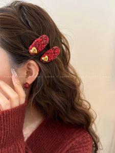 Red Woolen Side Bangs Hair Clips Duckbill Hair Accessories Elegant Hairpins for New Year Double Set Original Design Hairgrips