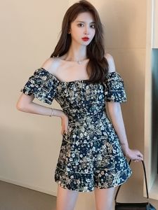 Summer New plus Size One Piece Short Sleeve Dress with Bubble Sleeves Square Collar Embroidery Womens Suit Casual Pants