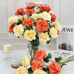 Hoa Hồng Gân 3 Bông Có Lá Bó Hoa Cắm Giỏ Trang Trí Tiệc. Hoa Lụa Decor