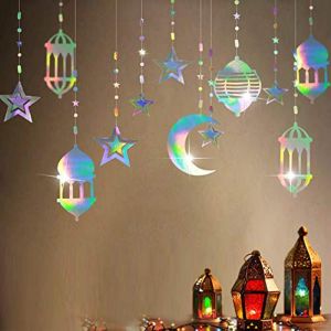 8pcs Raya Ramadan Decorations Item Gift Bag: Iridescent Star Moon Lantern, Ramadan Garland, Holographic EID Decoration, Home Happy Ramadhan Decor Euphoria, Hanging Streamer, Backdrop Banner for Lesser Bairam, Islam Wedding Birthday Party Supplies