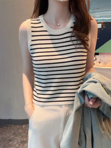 Color Block Stripe Sleeveless Knitted Vest Womens Fashion Summer Loose Short Style Unique Top Low round Neck Pullover