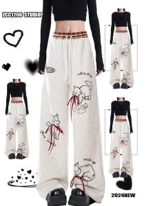 กางเกงขายาวทรงหลวมสบาย ๆ สำหรับผู้หญิง ลายแมว ลายดอกไม้ ฤดูใบไม้ร่วง/ฤดูหนาว กางเกงขายาวทรงตรง ผ้าฝ้าย 31-50%