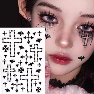 Dorisna Halloween Black Cross Face Stickers Festival Party Facial Makeup Bloody Tears Rhinestone Makeup Sticker