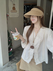 Apricot Lace Edging V-Neck Loose Fitting Versatile Spring New Style Blouse