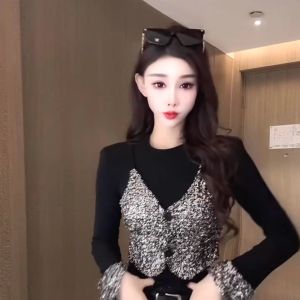 Shiny Sequin Ribbed Cotton Base Shirt round Neck Slimming Fashionable Spring Autumn Womens Top Quality Material Long Sleeve