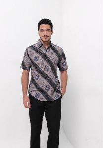 Rianty Batik Premium Pria Kemeja Pendek Slimfit Grey Abu Hem Bianco