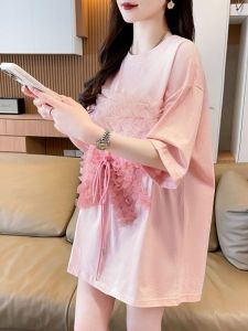 Áo Thun Cotton Tay Ngắn Mùa Hè Cho Nữ Cỡ Lớn Dáng Rộng Dài Vừa Phải Đa Năng Giảm Tuổi Tác Thời Trang Áo Thun Cotton Nguyên Chất