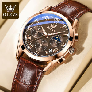 OLEVS 2871 Men Quartz Sport Watch Gift Round-dial Genuine Leather Watchband Wristwatch Moon Phase Chronograph Luminous