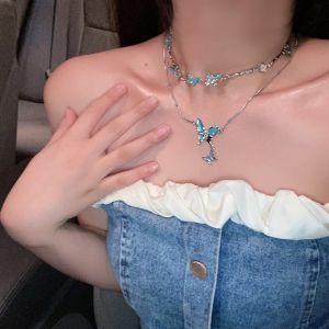Blue Butterfly Moonstone Spliced Necklace Womens Sweet Cool Fashion High-End Clavicle Chain Lightweight Luxury Niche Neck Chain Accessory