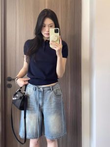 Navy Blue Knitted Polo Shirt Short Sleeve Turn-down Collar Womens T-shirt Summer New Style Korean Loose Fit Pure Color Top