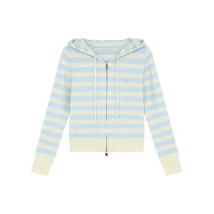 Color-blocked Striped Hooded Zippered Knitted Cardigan