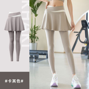 Women 2 in 1 High Waist Yoga Pants with Skirt Color Splicing Tight Fit Leggings Comfortable Tummy Control Tennis Golf Dance Sports Skirt Leggings Ladies Sportswear