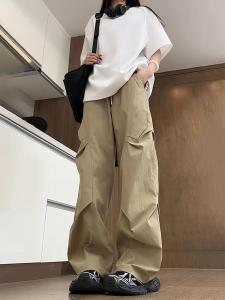 Quần Ống Rộng Ống Đứng Nhanh Khô Bằng Lụa Băng Màu Kaki Cho Nữ Mùa Hè Phong Cách Mỹ Quần Thường Ngày Xếp Ly