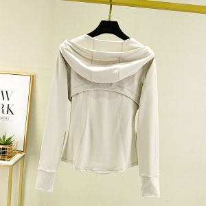 เสื้อคลุมกีฬาโยคะแบบมีฮู้ดแขนยาวสำหรับผู้หญิงในฤดูใบไม้ร่วงและฤดูหนาว เสื้อคลุมกีฬาฟิตเนสแบบมีซิป ทรงสลิมฟิต สำหรับวิ่งและออกกำลังกาย