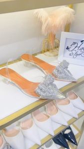 Giày cao gót bít nơ xám HALEY STORE gót 5cm bít mũi nhọn mika trong suốt đính nơ gót tam giác cô dâu tiểu thư đi tiệc