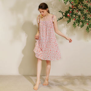 XEXZ | XEXZ Womens Summer Nightgown Pure Cotton Bali Silk Floral Print Sweet Strap Sleepwear Combed Cotton Short Skirt Dress