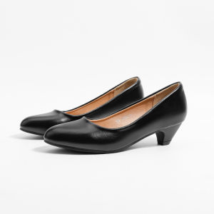 Womens Black Thick-Heeled Round-Toe Work Shoes for Airline Stewardess Interviews