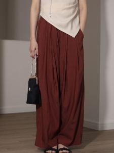กางเกงขายาวทรงตรงเอวสูงหลวมๆ สีแดง กางเกงขายาวลำลองสำหรับผู้หญิงในฤดูใบไม้ผลิและฤดูร้อน กางเกงขายาวทรงตรงสไตล์ย้อนยุคที่สวมใส่สบาย