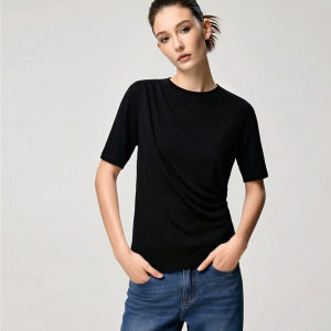 AMII | Commuter Mandarin Collar Asymmetric Pleated Acetate Stretch Short Sleeve Tied Waist Blouse