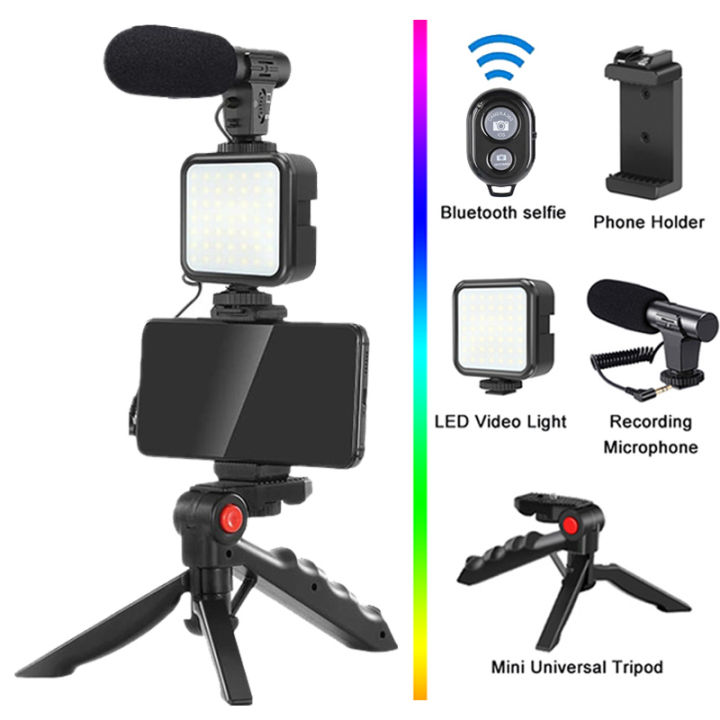 RISE Vlogging Set Equipment Smartphone Video Kit Microphone Bracket Photography Lighting Phone Holder LED Selfie Tripod Recording Handle Portable Stabilizer
