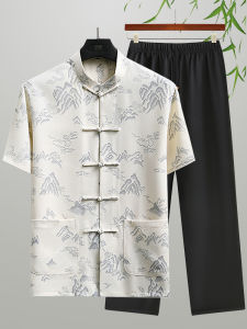 New Summer Cotton Linen Casual Short Sleeve Mens Tang Costume for Middle-Aged And Elderly Grandpa Traditional Chinese Fashion
