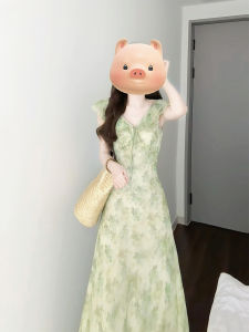 QINGMUZI | Elegant French Style Green Floral Dress
