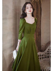 Elegant Long Sleeve Green Dress for Women Wedding Ceremony Evening Ball Gown Customizable Length Fashionable Mid-Waist A-Line Skirt