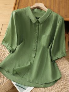 Pure Cotton Linen Short Sleeve Shirt for Women Summer Casual Slim Fit Lapel Collar Artzy Work Clothing with Buttons