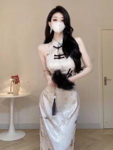 New Chinese Style National Style Buckle Improved Cheongsam Dress Womens Summer Fancy Sleeveless Halter Silm Sheath Dress