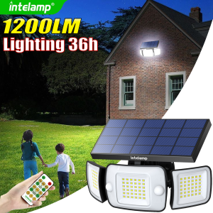 intelamp 6000mah High Capacity Outdoor Solar Security Flood Lights With Larger Solar Panel Two Sensor For Garden Garage shed
