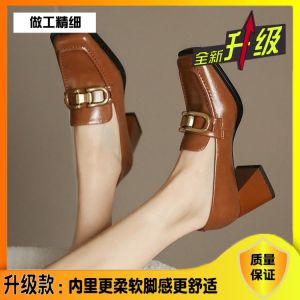 Leather Commuter Style Womens Shoes Spring Autumn Versatile High Heel Thick Heel Fashionable Casual Metal Element Slip-On