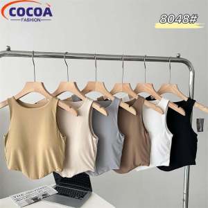 COCOAFashion Fixed Cup Ice Silk Solid Singlet Women Sleeveless Camisole Sports Tank Top with Padded
