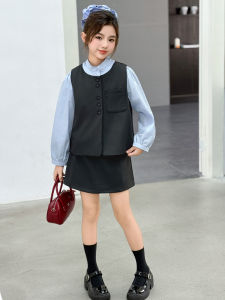 MPW | Girls Preppy Style Short Skirt Shirt Set Casual Loose Waist Elastic Fabric Backless Design For Ages 3-17 Trendy Autumn Wear