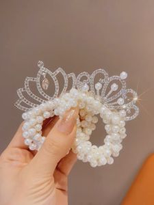 Klip Rambut👑韩国发饰皇冠头饰女儿童扎头发皮筋公主头绳丸子头小女孩珍珠发圈 Pearl Crown Kids Girls Hair Ring Cute Girl Princess Rubber Band Hair Rope Fashion Hair Ac