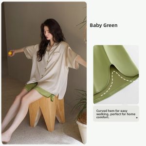 yuenei | Silk Cool Sensation Sleepwear Short Sleeve Summer Style Thin Home Clothes Leisurely Wearable Outdoor Womens Nightgown Set