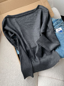QINGNAER | Slim Fitting Stylish Korean-Style Grey Off-Shoulder Sweater