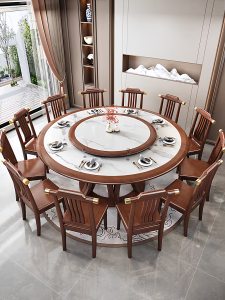 Luxurious Chinese Style Solid Wood Rock Surface Dining Table Set for 12 People Hotel Restaurant Home Use Eating round Table