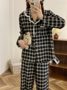 Sweet Girls Long Sleeve Sleepwear Set Black Floral Lace Home Clothes Two-Piece Suite Comfortable Knitted Cotton Spring Autumn