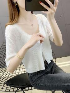 Sun Protection Knitted Ice Silk Short Sleeve Cardigan Womens Summer Fashion Air Conditioning Shirt V Neck Straight Fit Commute Style