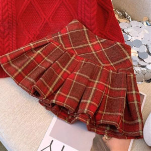 เสื้อสเวตเตอร์ถักสีแดง เสื้อสเวตเตอร์ถักลายสก็อตกระโปรงจีบแฟชั่นฤดูหนาวสำหรับเด็กผู้หญิง เสื้อผ้าเด็ก ชุดเด็ก เสื้อผ้าเด็ก เสื้อผ้าเด็ก