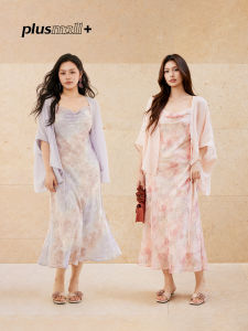 Fairy-like Cherry Blossom Print Spaghetti Strap Chiffon Dress with Lightweight Shawl Cardigan