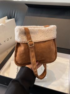 กระเป๋าสตางค์แฟชั่นสำหรับผู้หญิง ทรงสี่เหลี่ยม หนังแกะขนนุ่ม สีน้ำตาล กระเป๋าสะพายข้างขนนุ่ม กระเป๋าสตางค์แฟชั่นฤดูหนาว 2023