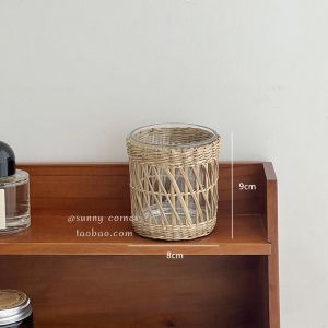 Handwoven Grass Multi-Functional Makeup Brush Storage Cylinder Glass Stationery Pen Holder round Column Handmade Woven Bucket