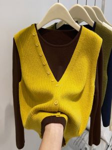 Color Block Knitted Long Sleeve V-Neck Base Layer Top Womens Comfortable Soft Korean Style Commute Fashion Autumn Winter Sweater Set