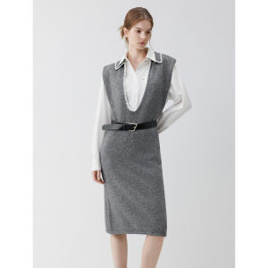 ELLE Cashmere V-Neck Sleeveless Vest-Style Dress Casual Autumn New Style Straight Tube Skirt for Women Commute Elegant