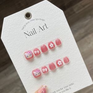 Handmade Rabbit Cartoon Short Wearing False Nails for Girls Kids Ages 3-15 Summer Beauty Tools Easy to Wear Nail Art Kits