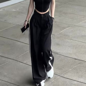 กางเกงขายาวทรงหลวมสีดำ ทรงหลวม ดีไซน์สปอร์ตฤดูใบไม้ร่วง 2025 ทรงลำลอง กระดุมสามแถว กางเกงขายาวทรงหลวม